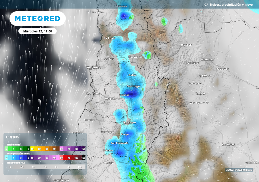 mapa de precipitaciones (2) Este miércoles llegarían los primeros chubascos a la zona central debido a la influencia de una baja segregada.