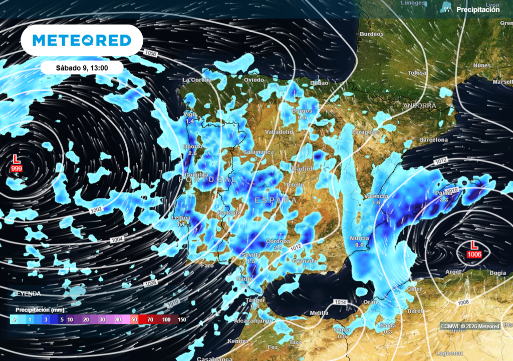 Mañana España estará entre dos borrascas, con las lluvias extendiéndose por buena parte del país.