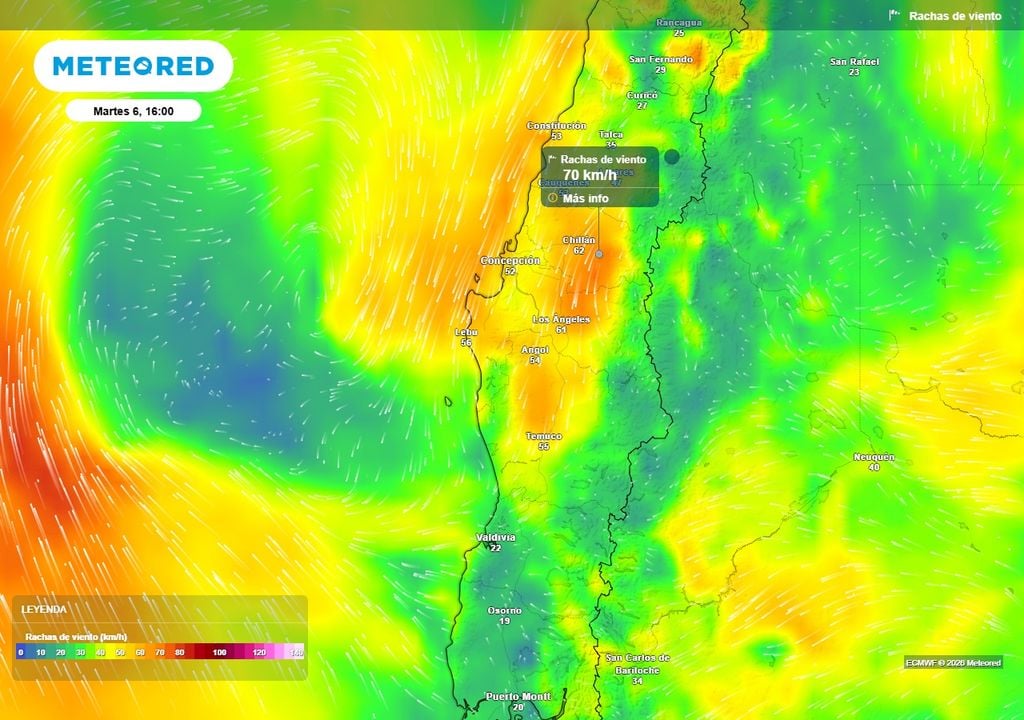 Trombas marinas, tornados y tormentas eléctricas para Chile centro-sur Rachas de viento (km/h) para la tarde del martes (06) en Chile centro-sur.