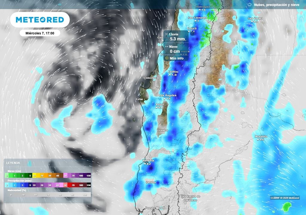 Trombas marinas, tornados y tormentas eléctricas para Chile centro-sur Precipitación (mm) para la tarde del miércoles (07) en Chile centro-sur.