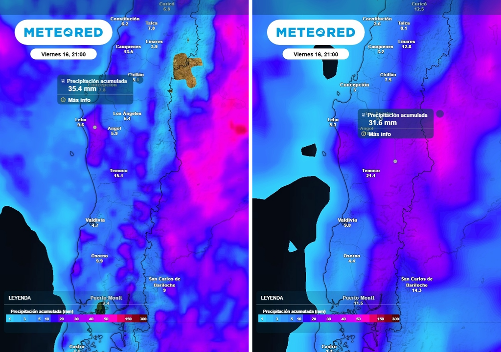 Probables tormentas eléctricas en Chile centro-sur Precipitación acumulada (mm) hasta la noche del viernes (16) en Chile centro-sur. Pronóstico del ECMWF (imagen izquierda) y del GFS (imagen derecha).