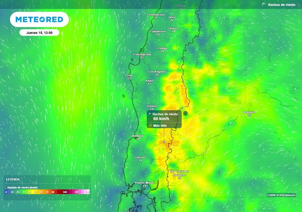 Probables tormentas eléctricas en Chile centro-sur Rachas de viento (km/h) para la tarde del jueves (15) en Chile centro-sur.