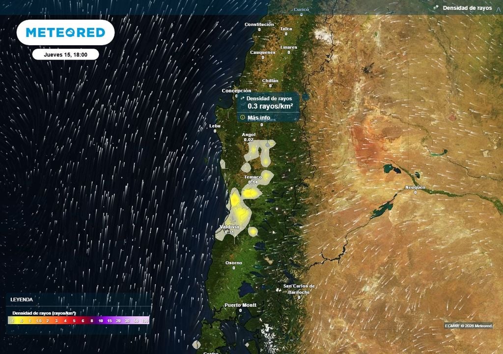 Probables tormentas eléctricas en Chile centro-sur Densidad de rayos (#/km2) para la tarde del jueves (15) en Chile centro-sur.