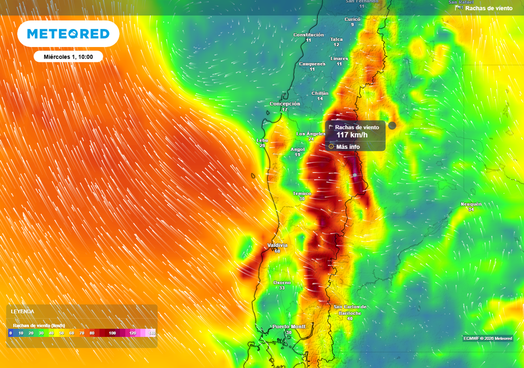Fuerte rachas de viento de 120 km/h se registrarían en Chile centro-sur el miércoles 01 de julio Rachas de viento (km/h) para la mañana del miércoles (01) en Chile centro-sur.
