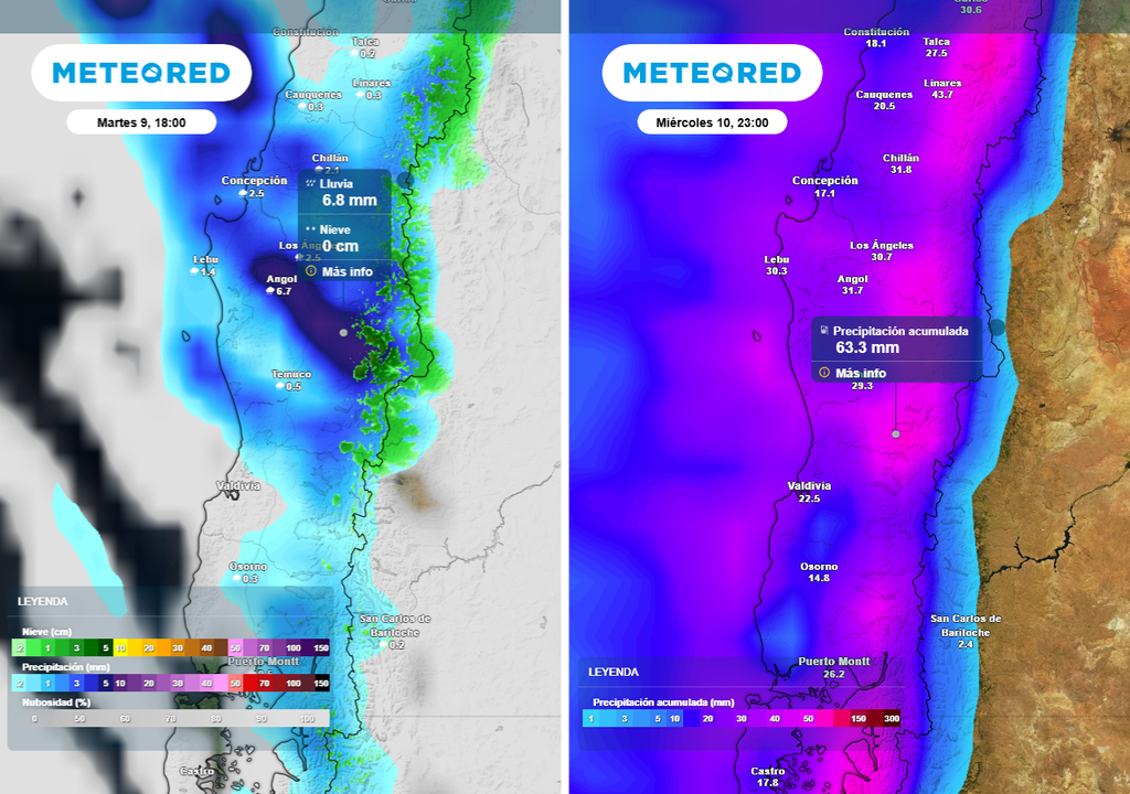 Primer sistema frontal de la semana dejará hasta 40 mm entre las regiones de Ñuble y Los Ríos. Las precipitaciones presentarán pulsos significativos en algunas comunas de Chile centro-sur.