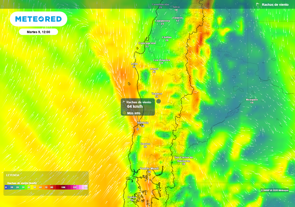 Sistema frontal provocará rachas de viento de hasta 60 km/h en Chile centro-sur Rachas de viento (km/h) para el mediodía del martes (09) en el centro-sur de Chile.