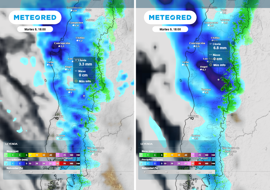 Fuertes lluvia para Chile centro-sur entre el martes y miércoles 10 de junio Precipitación (mm) para la tarde del martes (09) en Chile centro-sur. Pronóstico del ECMWF (imagen izquierda) y GFS (imagen derecha).