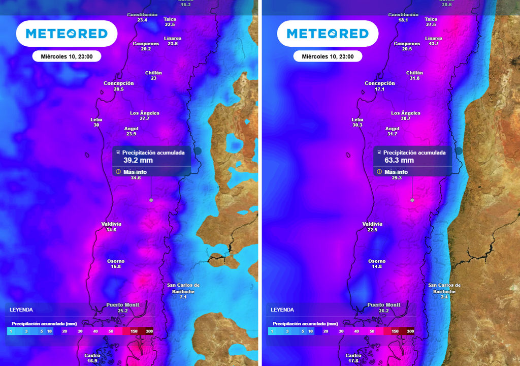 Sistema frontal dejaría hasta 40 mm de lluvia en algunas regiones de Chile centro-sur Precipitación acumulada (mm) hasta la noche del miércoles (10) en el centro-sur de Chile. Pronóstico del ECMWF (imagen izquierda) y el GFS (imagen derecha).