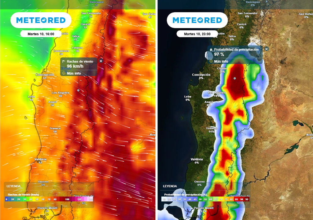 Rachas de viento (km/h) para la tarde -imagen izquierda- y probabilidad de precipitación (%) para la noche -imagen derecha- del martes 10 de febrero 2026 en Chile centro sur.