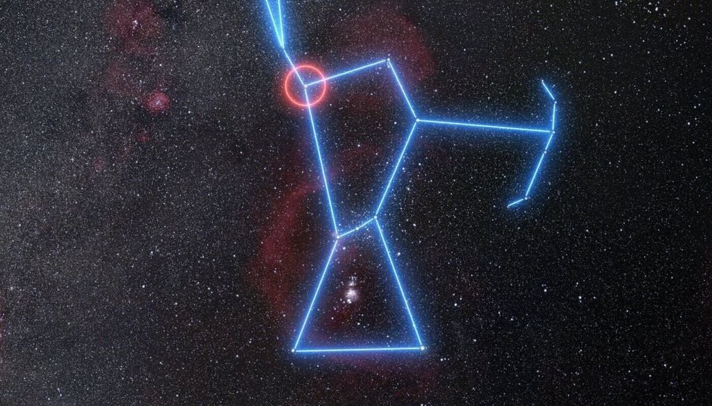 Das Bild zeigt die Position des roten Überriesensterns Betelgeuse im Sternbild Orion (der Himmelsjäger). Betelgeuse kann ganz einfach ohne Teleskop als rechter Schulterstern des Orion gesehen werden, wie in der Strichzeichnung hervorgehoben. Das Bild zeigt die Position des roten Überriesensterns Betelgeuse im Sternbild Orion (der Himmelsjäger). Betelgeuse kann ganz einfach ohne Teleskop als rechter Schulterstern des Orion gesehen werden, wie in der Strichzeichnung hervorgehoben. Bild: ESO/N. Risinger (skysurvey.org)