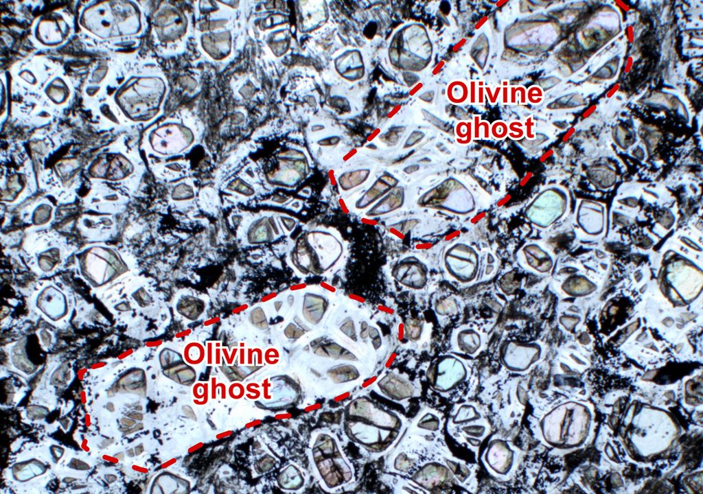 Winzige Einschlüsse in Olivin-Kristallen sind Zeugen aus der tiefsten Erdgeschichte. Die rot umrandeten Bereiche sind zwischen 1,5 und 2 Millimeter lang. Winzige Einschlüsse in Olivin-Kristallen sind Zeugen aus der tiefsten Erdgeschichte. Die rot umrandeten Bereiche sind zwischen 1,5 und 2 Millimeter lang.