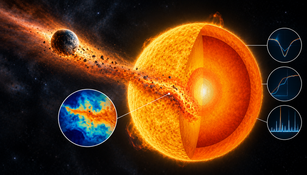 Möglicherweise hat die junge Sonne einen Planeten aufgenommen. Darauf deuten Analysen der chemischen Zusammensetzung hin. Bild: KI-generiert