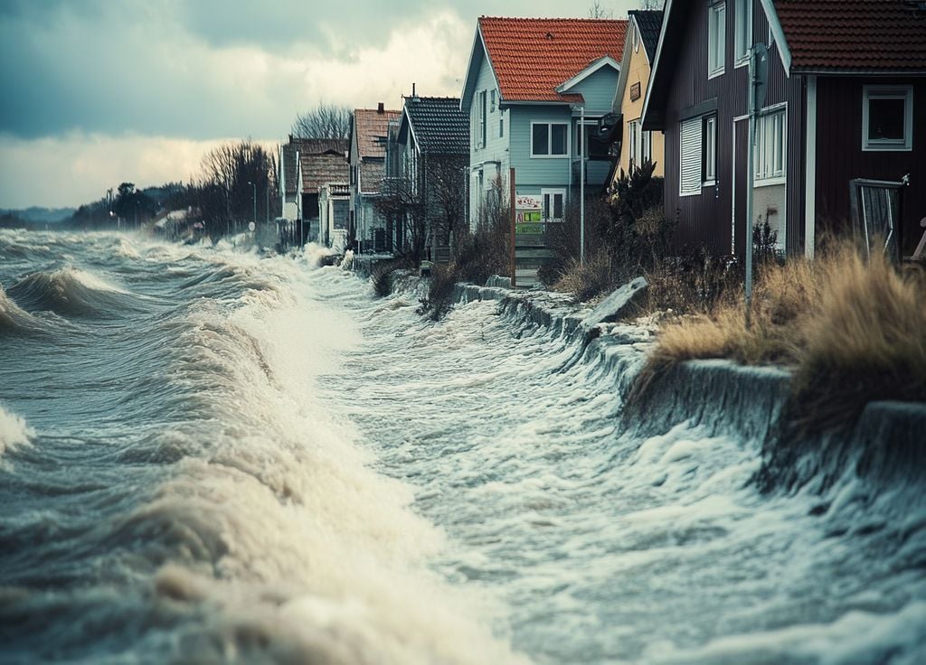 casas a la orilla del mar, con las olas rompiendo muy cerca