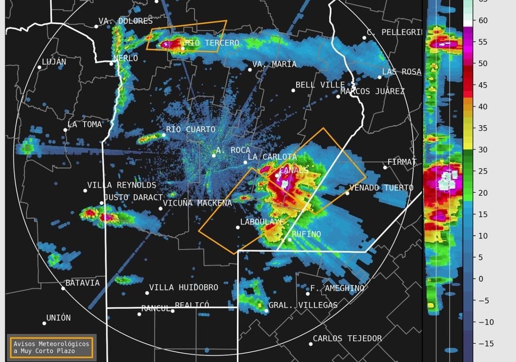 Imagen de radar de la supercelda que afecto el sudeste cordobes, provista por el Servicio Meteorológico Nacional (SMN). En la zona, las ráfagas llegaron a superar los 150 km/h.