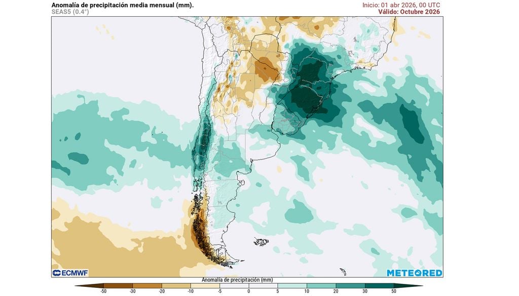 En la primavera, la señal de El Niño en cuanto a las precipitaciones, se irá fortaleciendo en el nordeste argentino, tal como muestra este mapa de anomalías de precipitación para el mes de octubre.