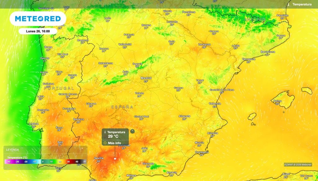 El episodio de "veroño" arrancará el lunes en España, con máximas como se muestran en el mapa. Fuente: modelo europeo.