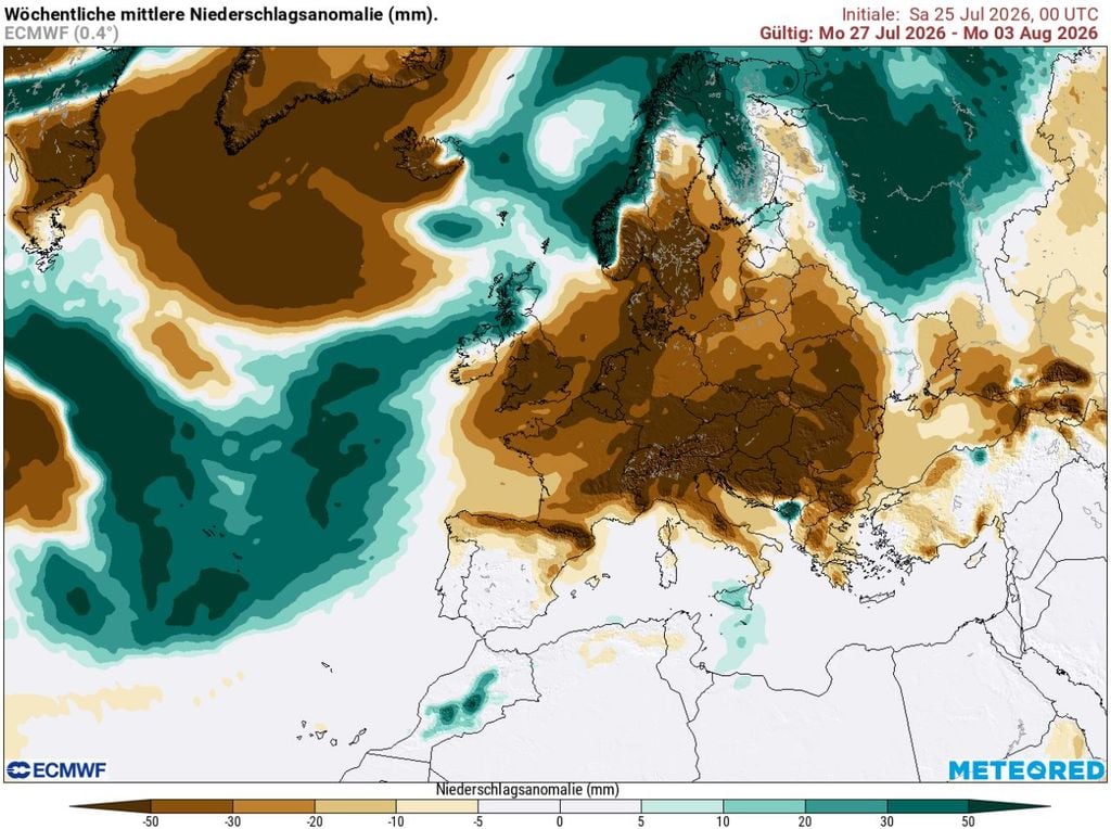 Nicht nur die Hitze macht zu schaffen, auch der ausbleibende Regen. Das zeigt diese Wetterkarte. Über Europa ist alles tiefbraun. Es fehlt an Niederschlag in den kommenden Tagen.