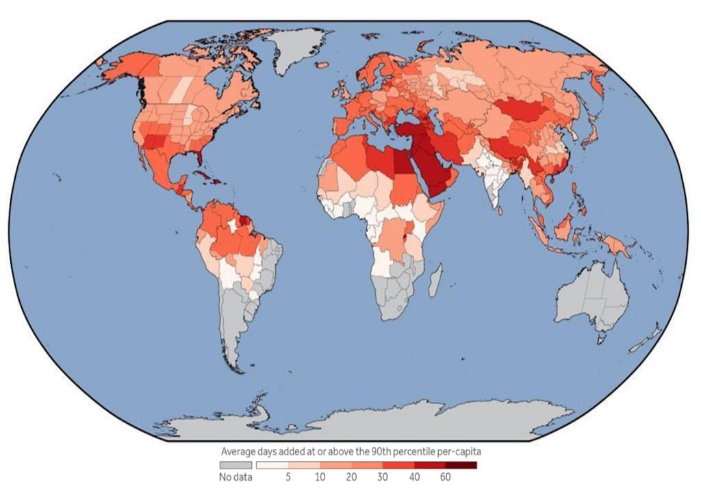 Additional June-August 2024 days with temperatures above the 90th percentile, added by the burning of fossil fuels. Presented as per-capita averages for countries and states. Analysis based on ECMWF ERA5 data and the Climate Shift Index (CSI) system. Produced September 6, 2024.