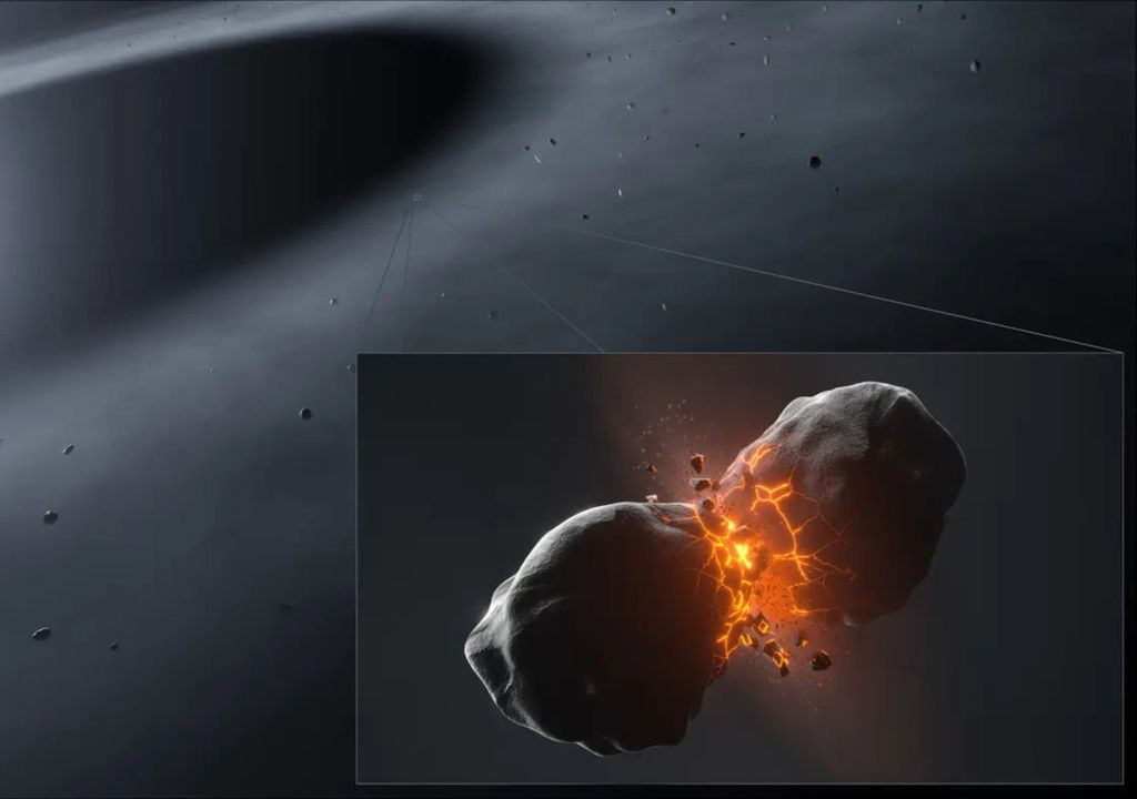 Die künstlerische Darstellung zeigt die Kollision zweier Planetesimale im jungen, sich entwickelnden Planetensystem Fomalhaut. Während solcher Kollisionen können beide Objekte zerstört und in kleine Brocken zersprengt werden.