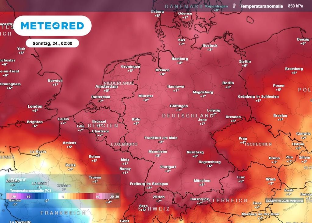 Eine Hitzeblase erreicht Deutschland genau zu Pfingsten. Das sind die Temperaturanomalien in rund 1500 m Höhe am Pfingstwochenende.