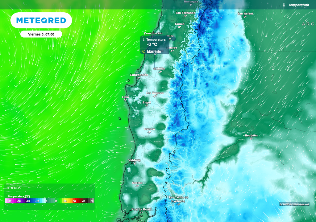 Helada matinal para los días viernes (03) y sábado (04) en Chile centro-sur Temperatura mínima (°C) para el viernes (03) en el centro-sur de Chile.