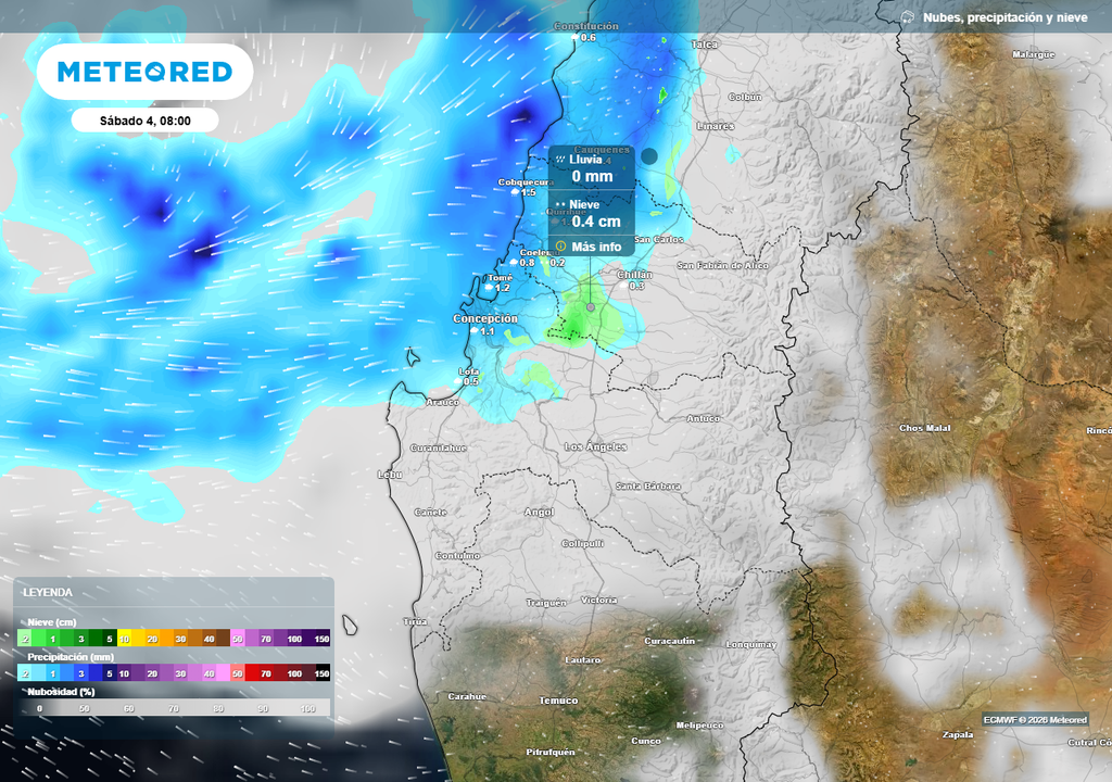 Baja segregada dejaría chubascos en las regiones de Ñuble y Biobío el sábado (04) Precipitación (mm) para la mañana del sábado (04) en las regiones de Ñuble y Biobío.