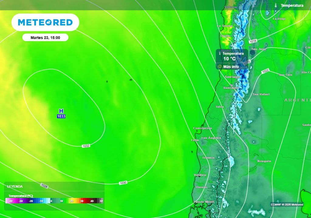 mapa de temperatura e isobaras Este martes se mantendrán bajas las máximas en gran parte de la zona central, con valores cercanos a 10 grados; sin embargo, entre Valparaíso y RM se elevarán hasta 16 grados en promedio.