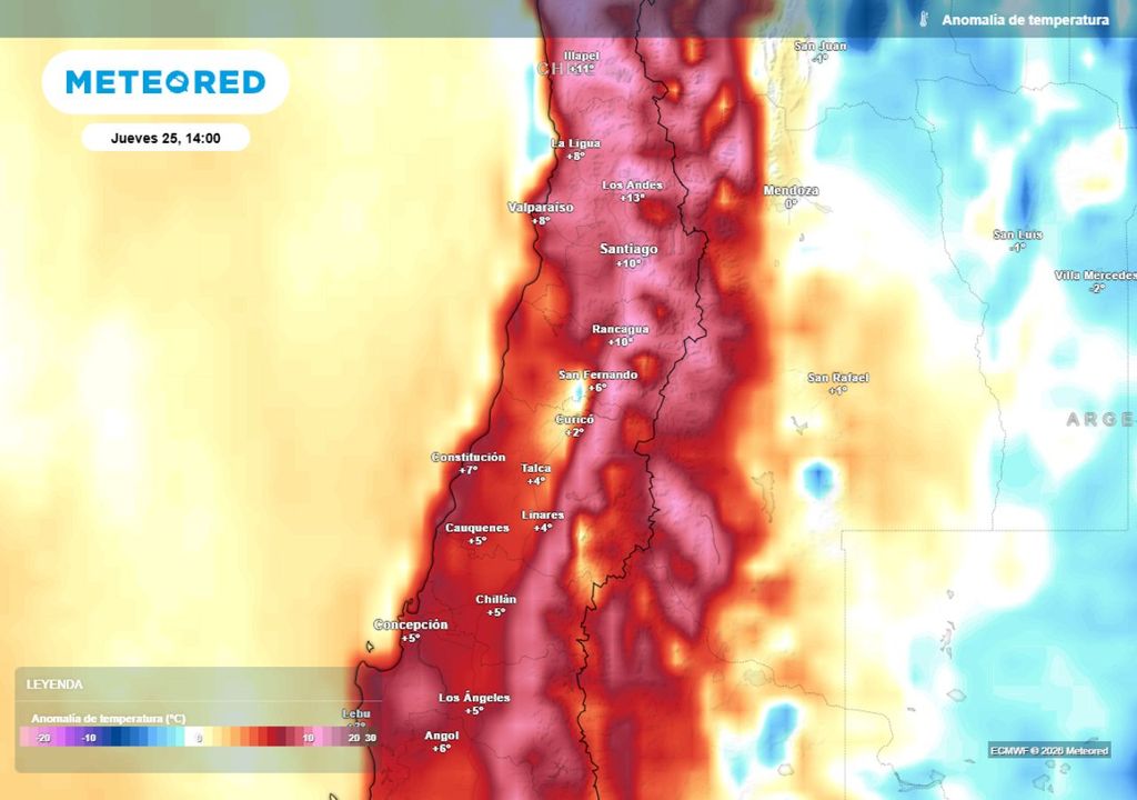 mapa de anomalía de temperatura El frío se pondrá en pausa este jueves, gracias a la influencia de una dorsal en altura en la zona central: esto elevará los termómetros al menos a 20 grados.