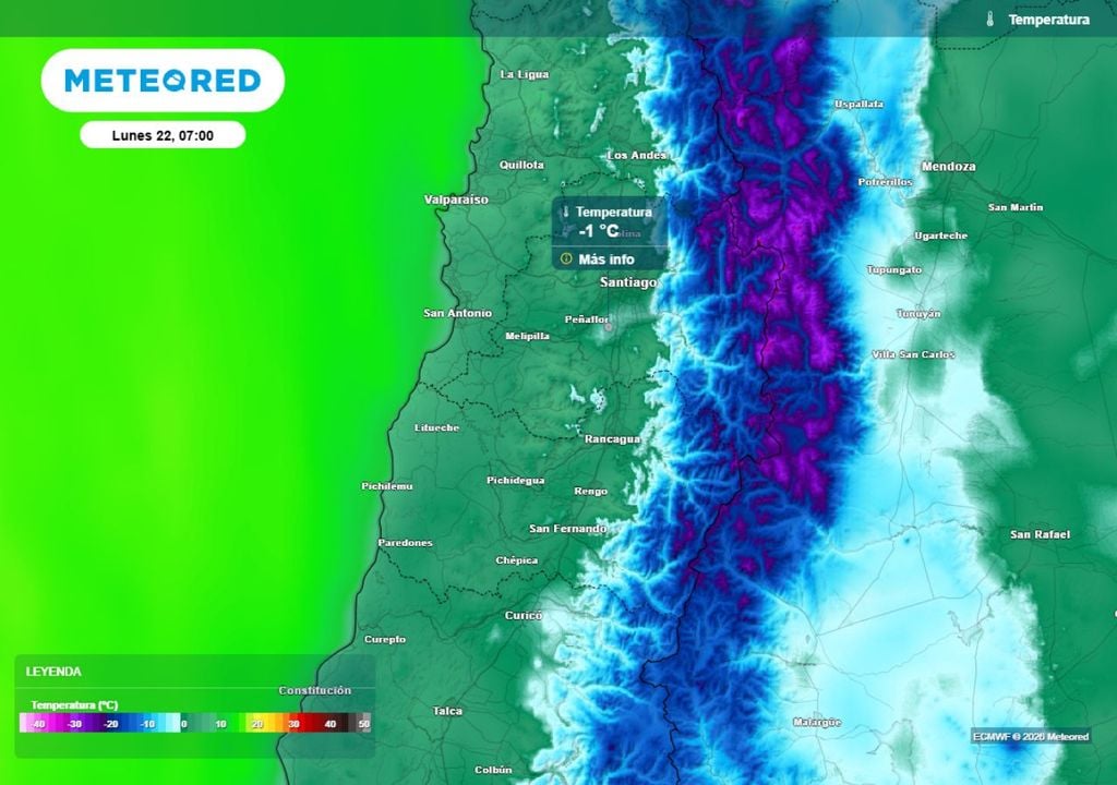mapa de temperatura Esta madrugada de lunes será bastante gélida: las mínimas estarán por debajo de cero grados al interior de la zona central.