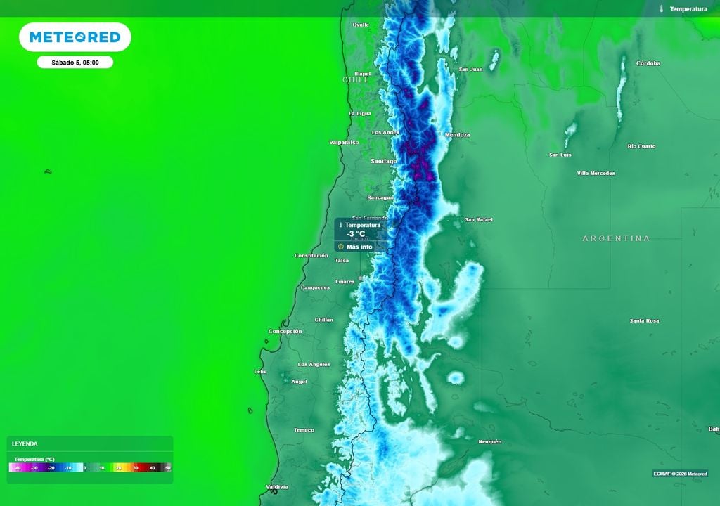 Se proyecta un marcado enfriamiento durante la madrugada del sábado, con temperaturas bajo cero en sectores cordilleranos y precordilleranos de la zona central. En Maule, Ñuble y Biobío, las mínimas podrían caer hasta cerca de -3 °C.