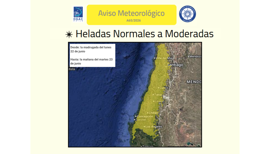 mapa de aviso Zonas que están bajo aviso de la DMC por heladas normales a moderadas.
