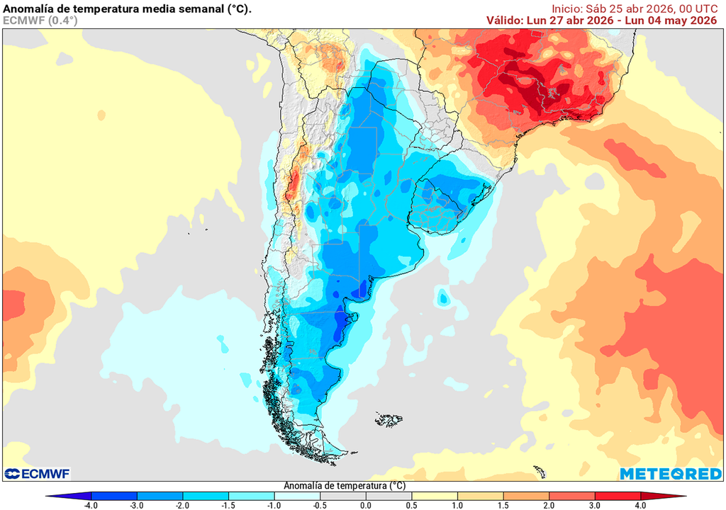 Anomalía de temperatura prevista para los próximos 7 días según el modelo ECMWF