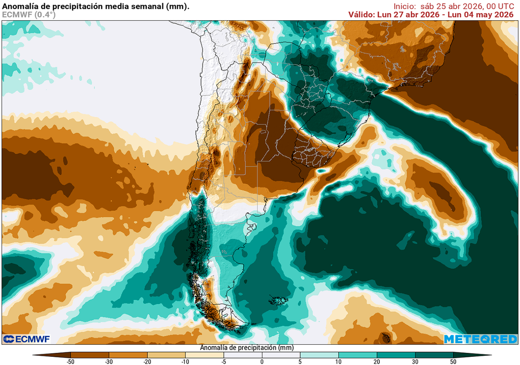 Anomalía de precipitaciones prevista para los próximos 7 días según el modelo ECMWF