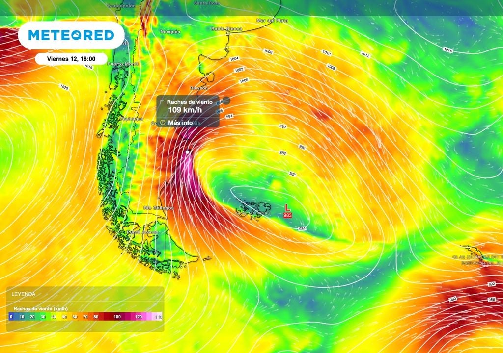 Viento intenso El apretado gradiente de presión sobre la costa patagónica dará lugar a períodos muy ventosos, especialmente en la zona de Puerto Deseado, Santa Cruz, donde las ráfagas del sudoeste pueden superar los 100 km/h.