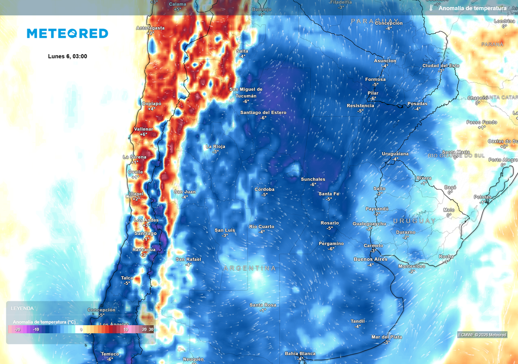 Pronóstico, Clima, Tiempo, Argentina, Ola polar, Frío, Heladas, Nevadas, Patagonia, Cordillera, Lluvias, Buenos Aires, déficit, invierno, ECMWF Anomalía de temperatura prevista para el próximo lunes según nuestro modelo de confianza ECMWF