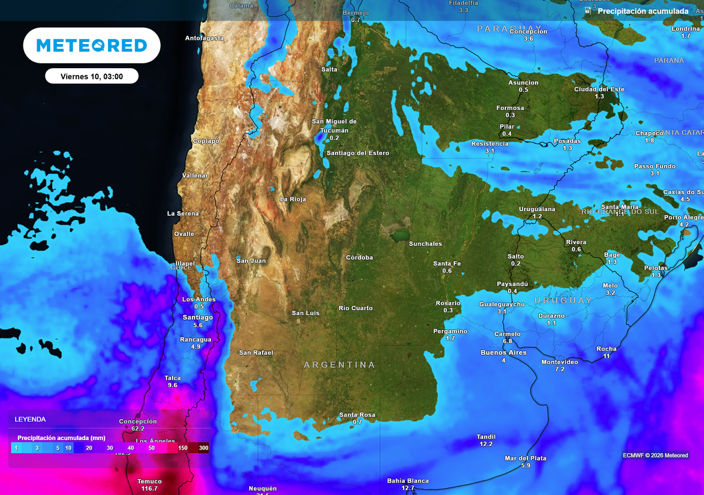 Pronóstico, Clima, Tiempo, Argentina, Ola polar, Frío, Heladas, Nevadas, Patagonia, Cordillera, Lluvias, Buenos Aires, déficit, invierno, ECMWF Acumulados de lluvia previstos hasta el próximo viernes según nuestro modelo de referencia ECMWF