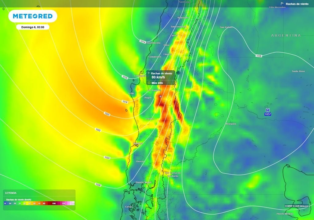 rachas de viento. El viento del este se intensificará durante el domingo en el centro-sur, con rachas que podrían alcanzar 80 km/h en sectores interiores y hasta 100 km/h en zonas cordilleranas de Biobío, La Araucanía y Los Ríos.