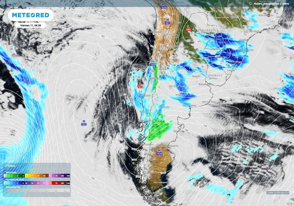 Hacia el viernes 11, el modelo ECMWF proyecta un aumento de la nubosidad y precipitaciones en sectores del centro y sur de Chile, asociadas al avance de una vaguada o posible baja segregada y mayor inestabilidad atmosférica.