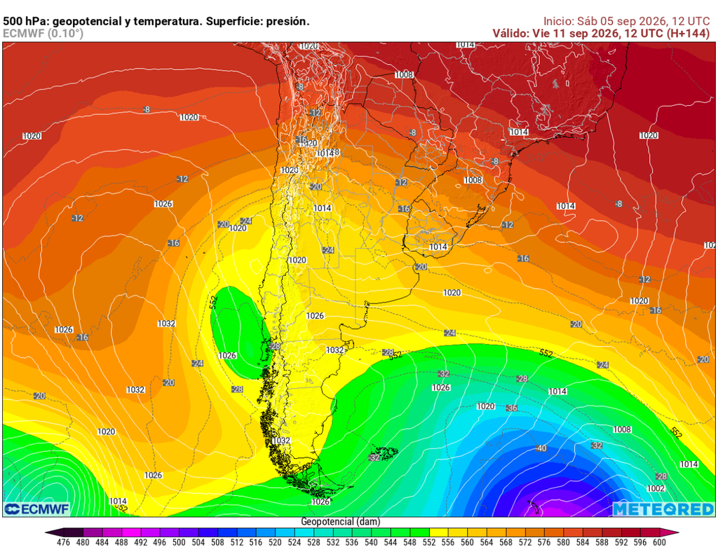 El modelo ECMWF proyecta hacia fines de la próxima semana una vaguada en altura/baja segregada sobre Chile central, con aumento de nubosidad y posibilidad de chubascos débiles y aislados entre Coquimbo y sectores más al sur.