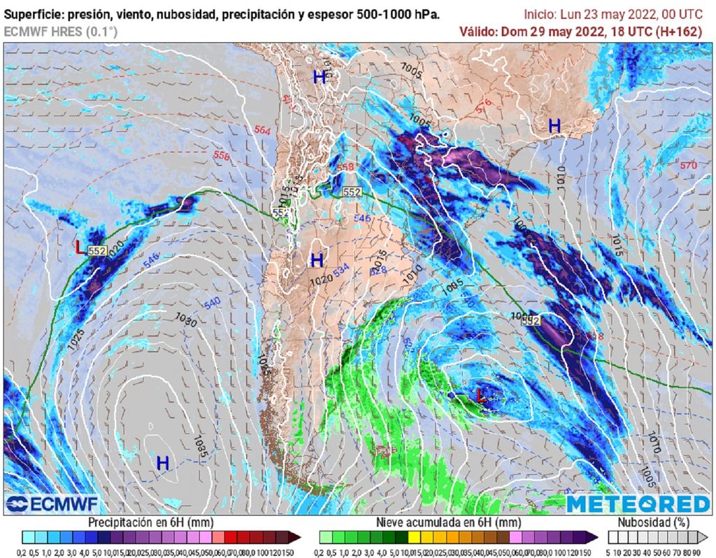Precipitación y presión prevista; modelo ECMWF Precipitación y presión prevista; modelo ECMWF
