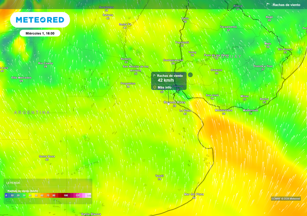 Rachas de viento__Miércoles 1 16_ Ráfagas de viento para el miércoles 1 de Julio a las 16 h, según el modelo ECMWF.