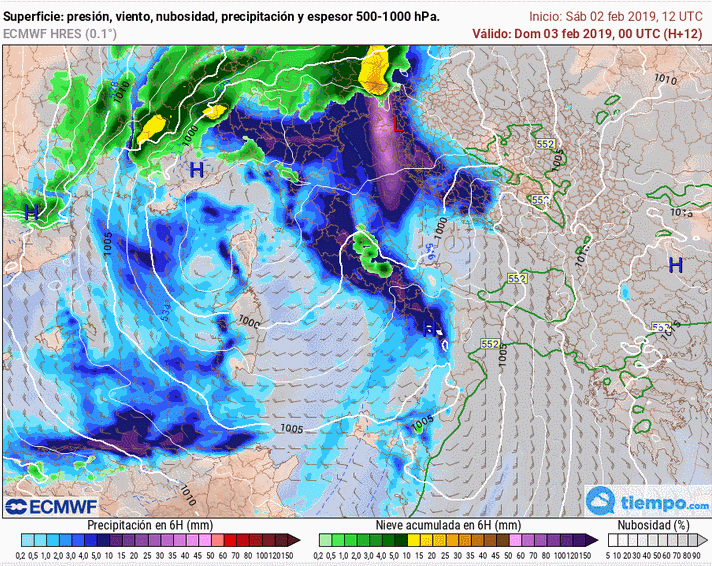 Mapa de presión en superficie, precipitación para Helena durante el domingo 3 de febrero de 2019. Tiempo.com