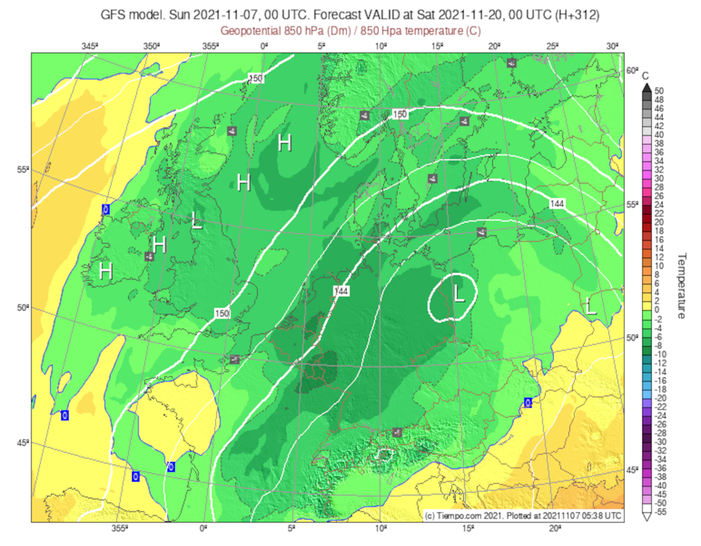 Amerikanisches Modell Die Modellberechnung zeigt ein Tief über Ostdeutschland, welches kalte Luftmassen heranführt.