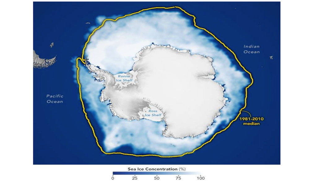 El hielo marino antártico alcanzó su extensión máxima anual el 14 de septiembre de 2026, el tercer máximo más bajo registrado por satélite. NASA Earth Observatory/Michala Garrison