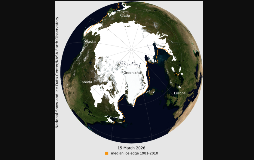 Mapa de la NASA sobre la extensión del hielo marino del Ártico el 15 de marzo de 2026. NASA NSIDC