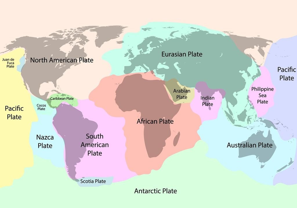Map of the Earth with its continental and oceanic tectonic plates.