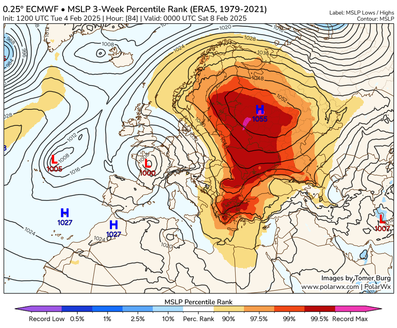 Presiones en superficie con altas, H, y bajas presiones, L, previstas para el 8 de febrero de 2025 a las 00 UTC con la escala de colores en rojos para valores muy altos de altas presiones tomando como referencia ERA5 1979-2021. En algunos puntos serían lo máximos históricos (colores violetas) . Fuente: Tomer Burg