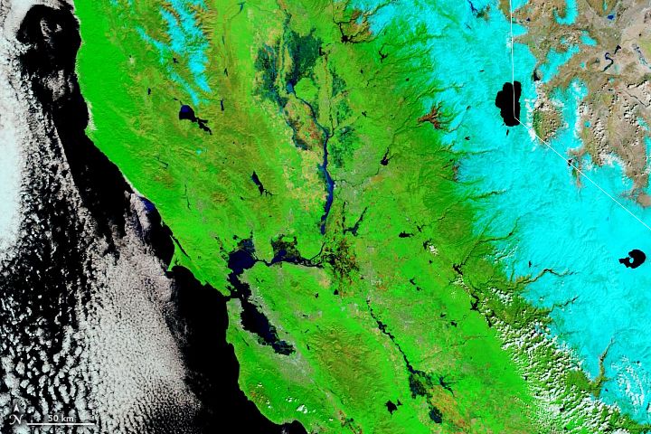Imagen en falso color de la zona para el 16 de marzo de 2023. Ver texto para detalles y colores. NASA
