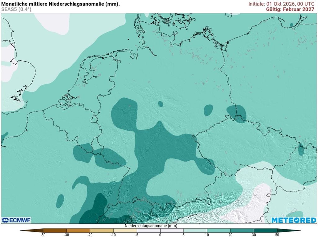 nass, februar, ecmwf Fast alle Monate im kommenden Winter 2026/27 könnten "nasser als normal" ausfallen, aber auch deutlich milder. Das könnte ein Hinweis auf einen Sturmwinter sein.