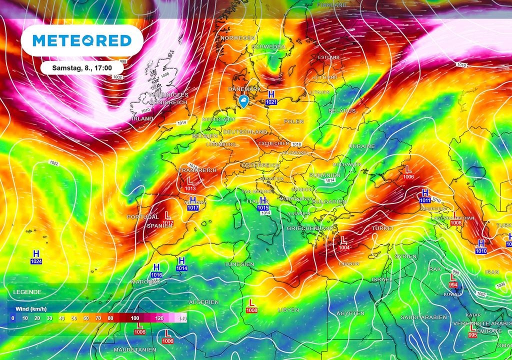 Jet-Stream, Wind, 300 hPa Der Jet-Stream bringt kurzfristig wieder ein Hoch über Norddeutschland. Auch die Wärmepumpe bestehend aus Südwest-Winden über Südeuropa ist wieder leicht aktiv. Es bleibt also voraussichtlich warm.